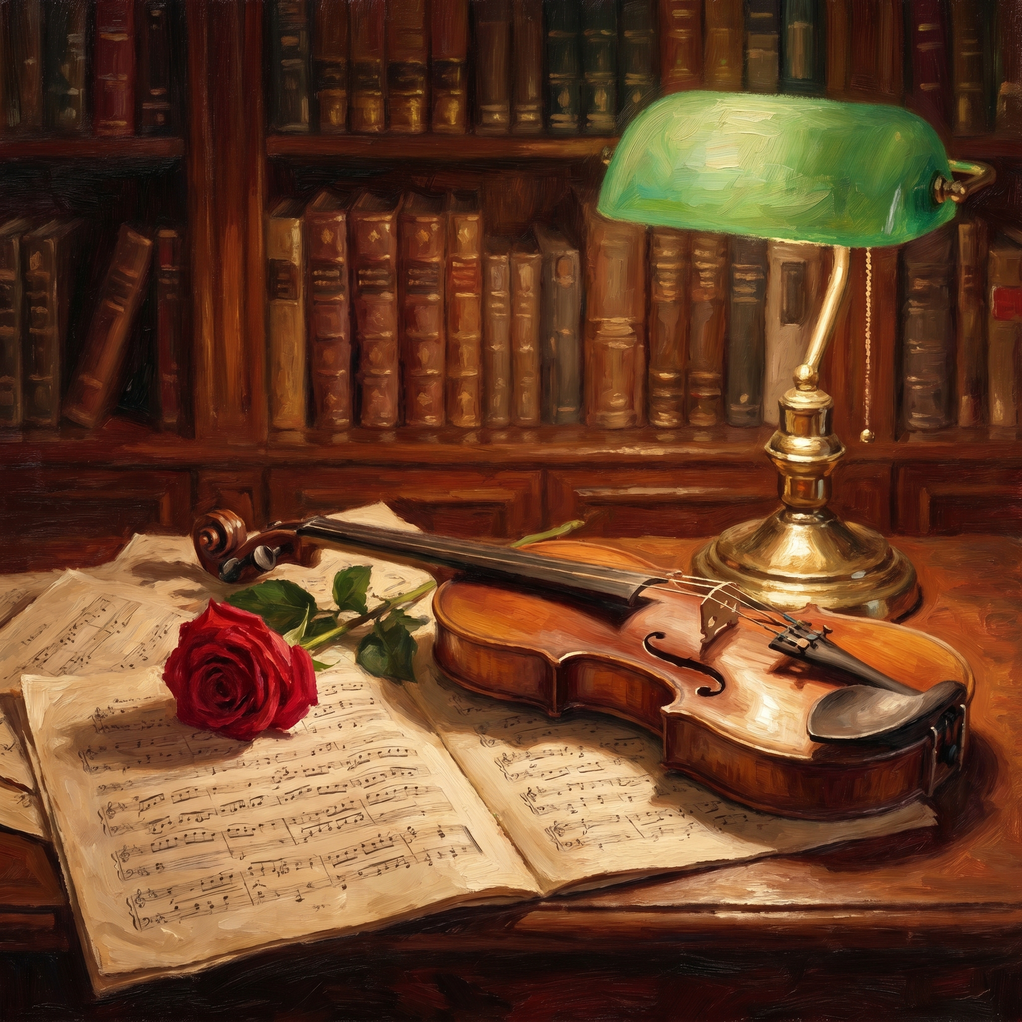 Classical chamber music album cover with vintage sheet music, a red rose, and a violin under warm library light