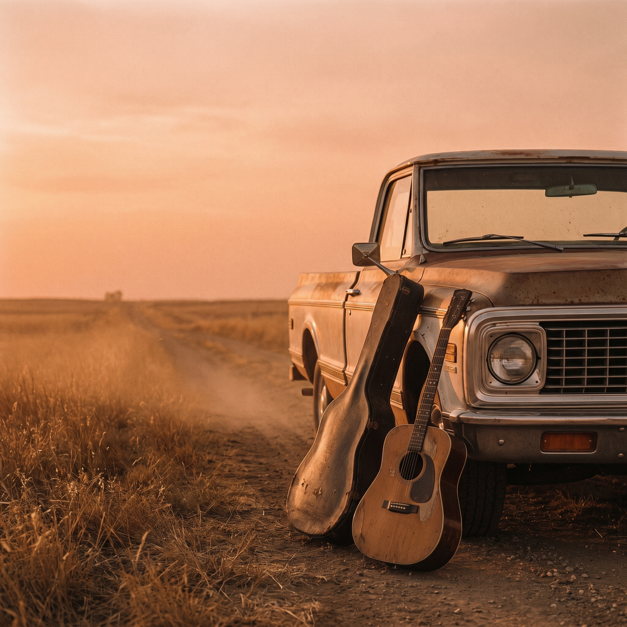 Americana country album cover with a dusty acoustic guitar against an old pickup truck on a prairie road at golden hour