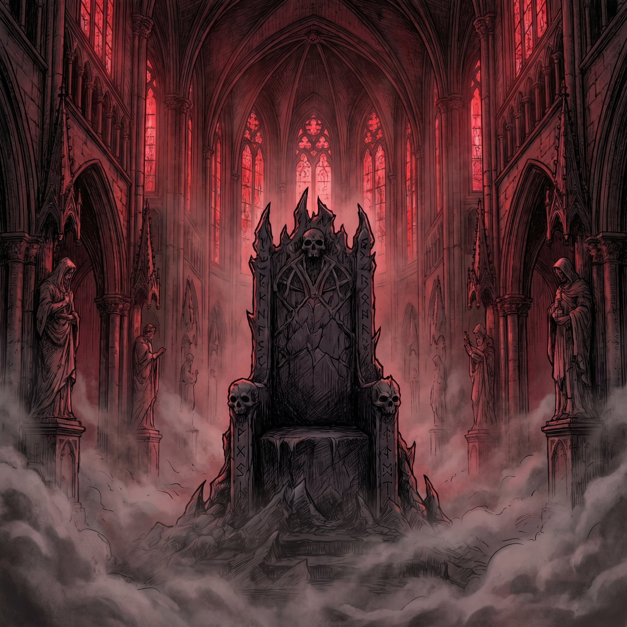 Dark metal album cover showing an obsidian throne in a misty gothic cathedral with crimson red atmosphere
