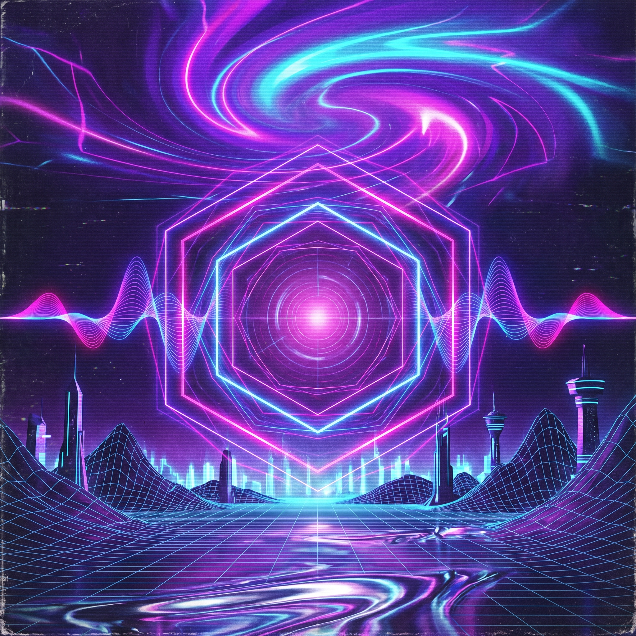 EDM synthwave album cover with abstract neon sound waves forming a glowing geometric portal