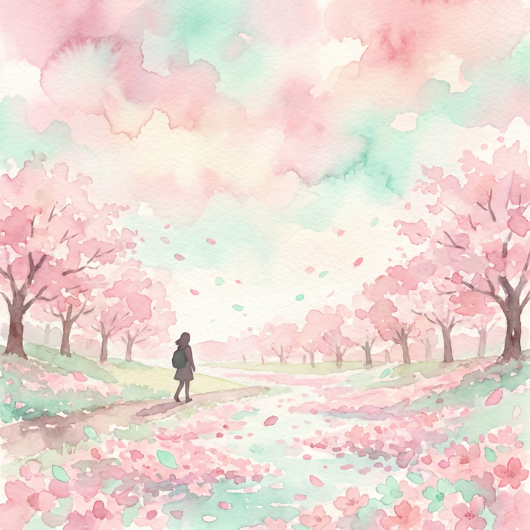 Indie pop album cover with a solitary figure walking through a cherry blossom field in pastel watercolor style