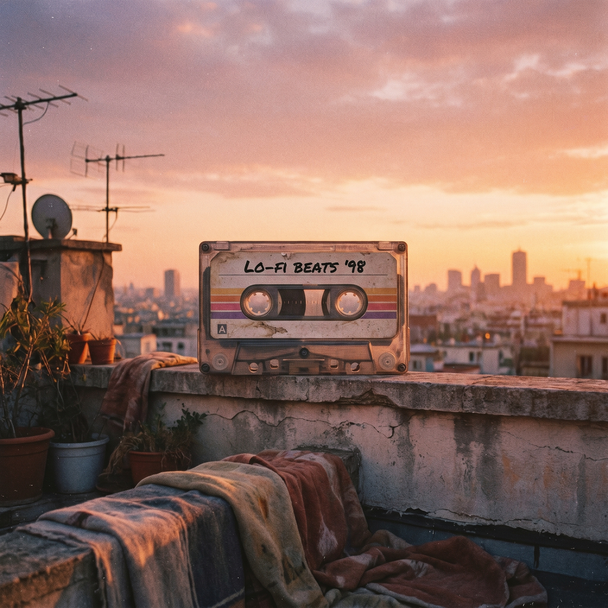 Lo-fi hip-hop album cover with a vintage cassette tape on a sunlit rooftop at sunset