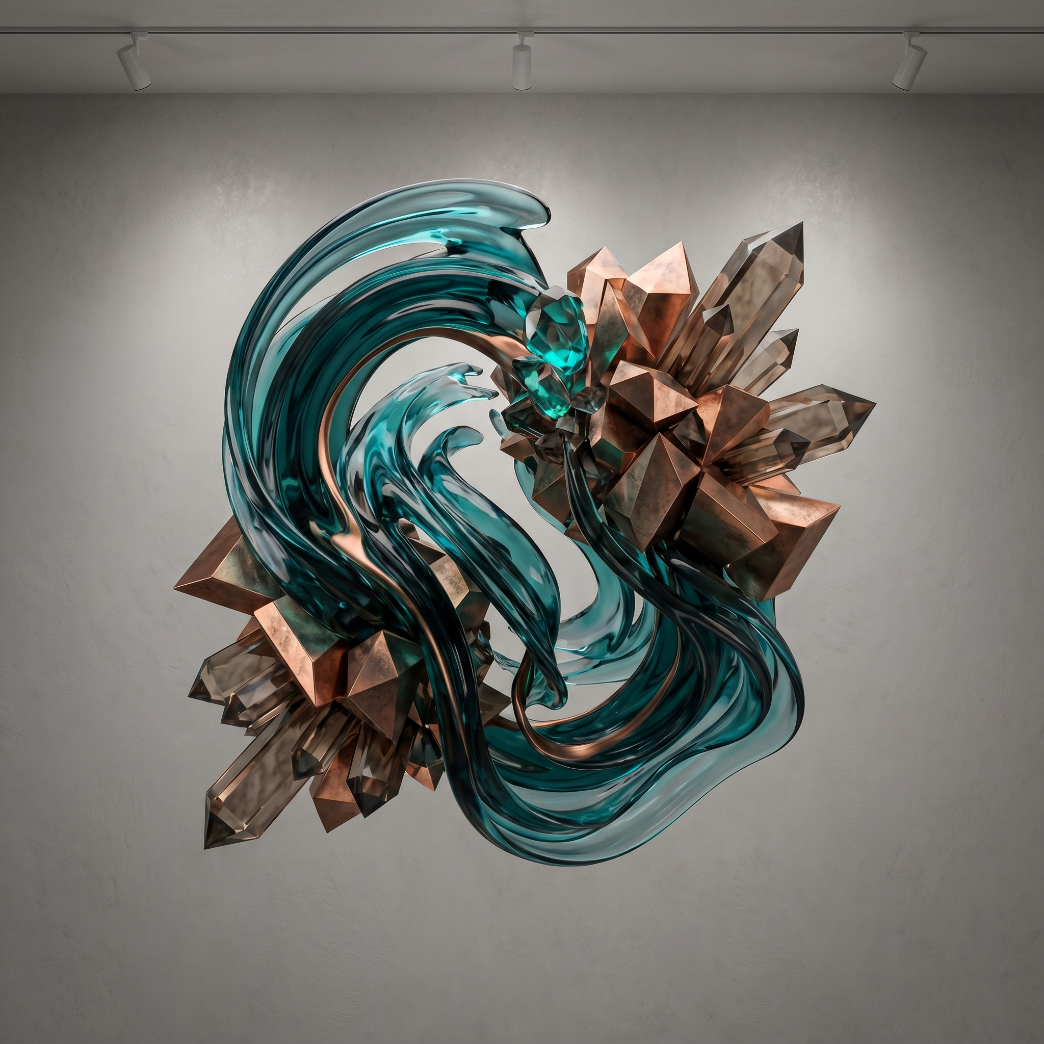 Abstract music visual with fluid liquid sound waves morphing into crystal fragments