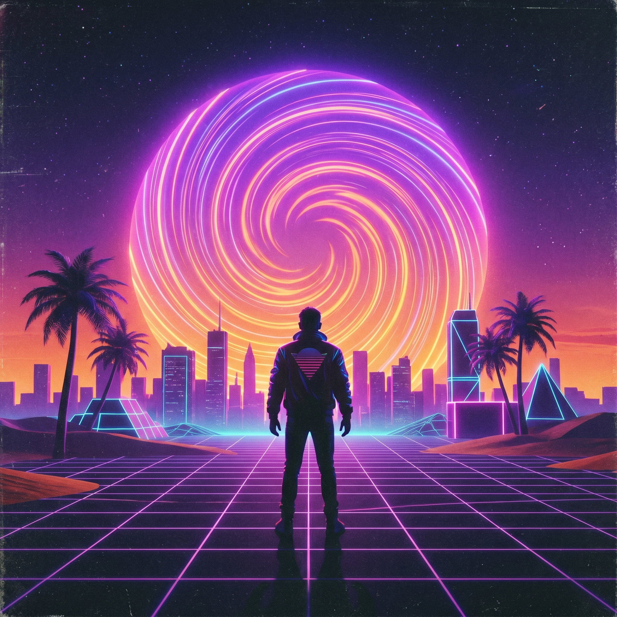Dreamy synthwave album cover with a solitary figure before a giant neon sun