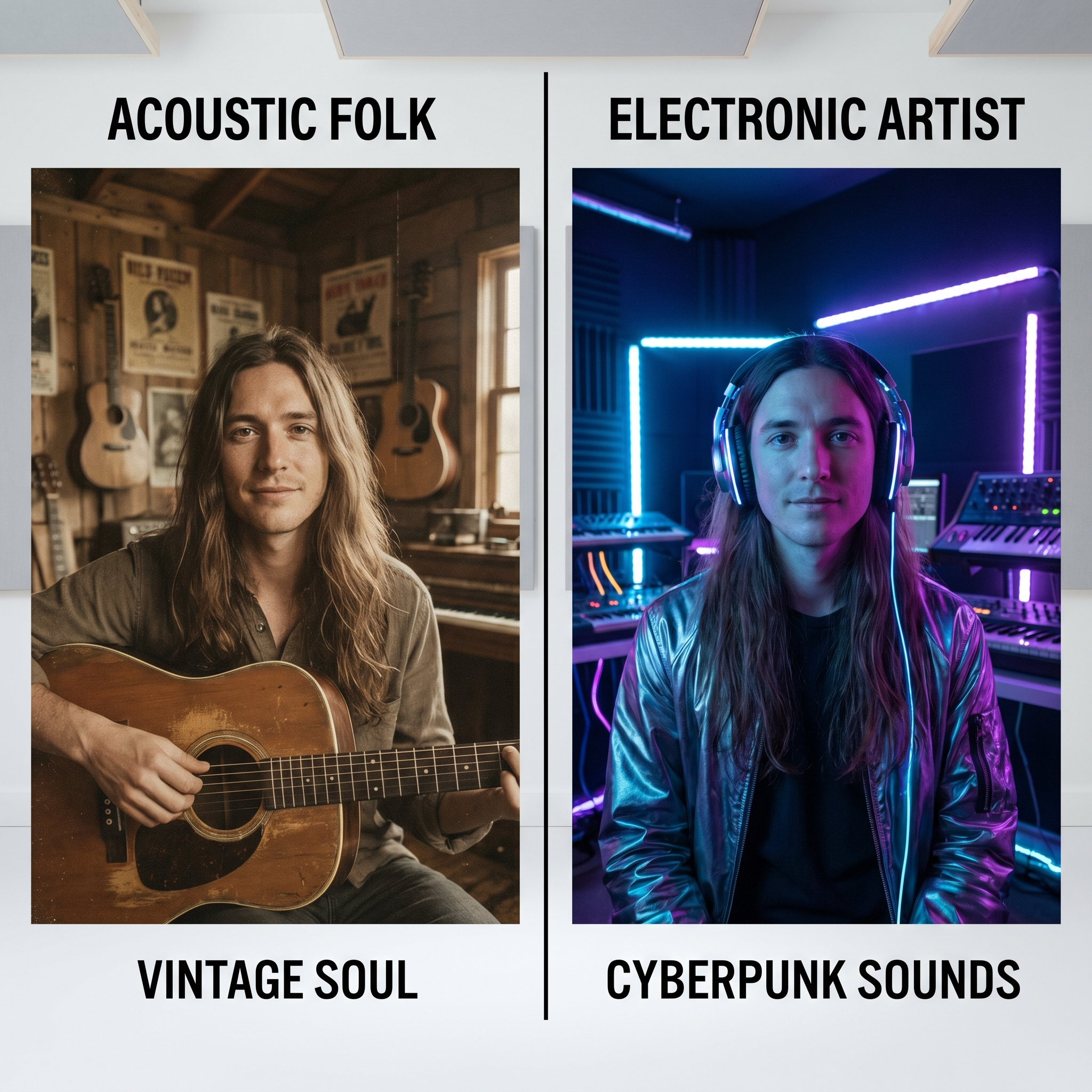 Side-by-side identity sheet of the same musician rendered in two different styles