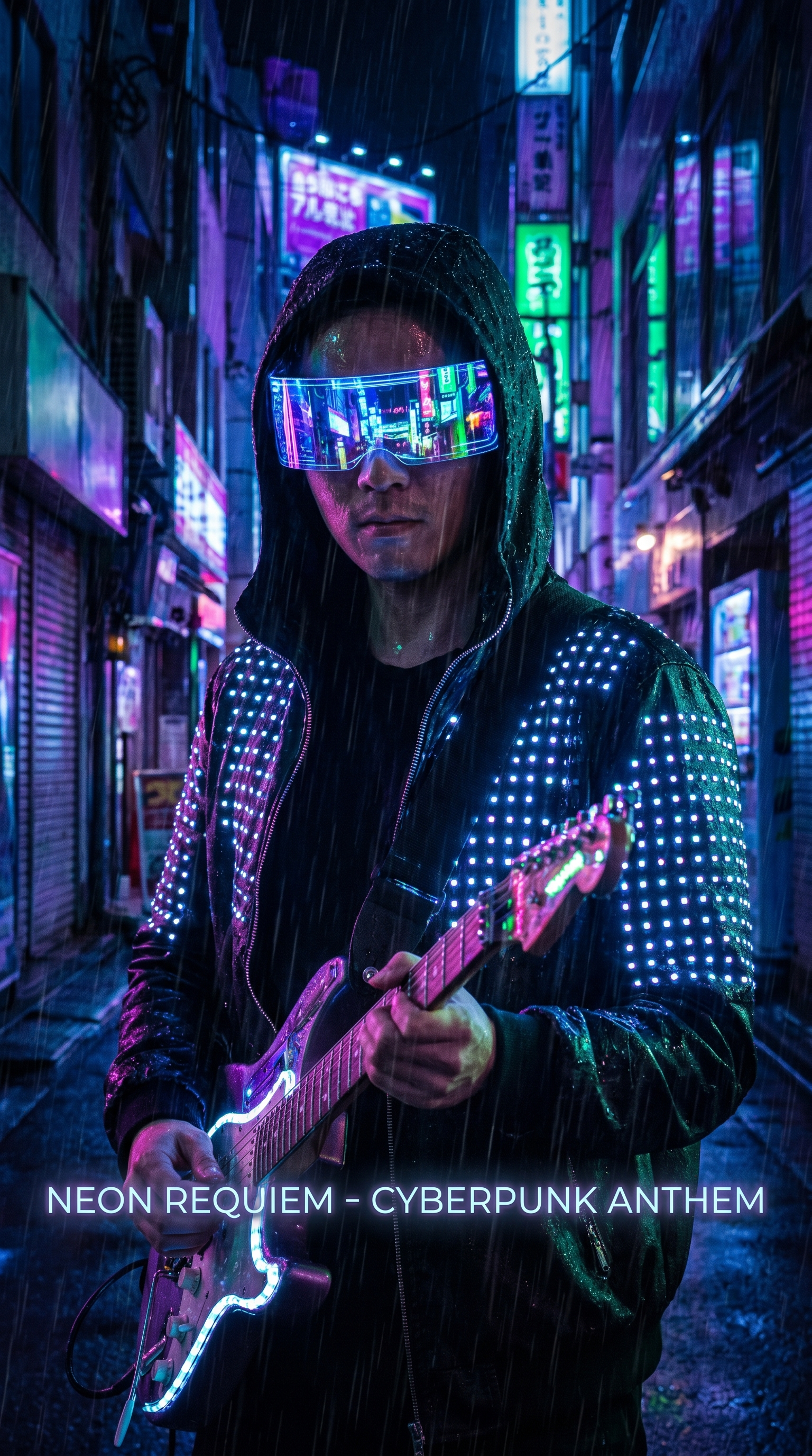 Cyberpunk musician portrait for a music video thumbnail with neon rain-drenched alley