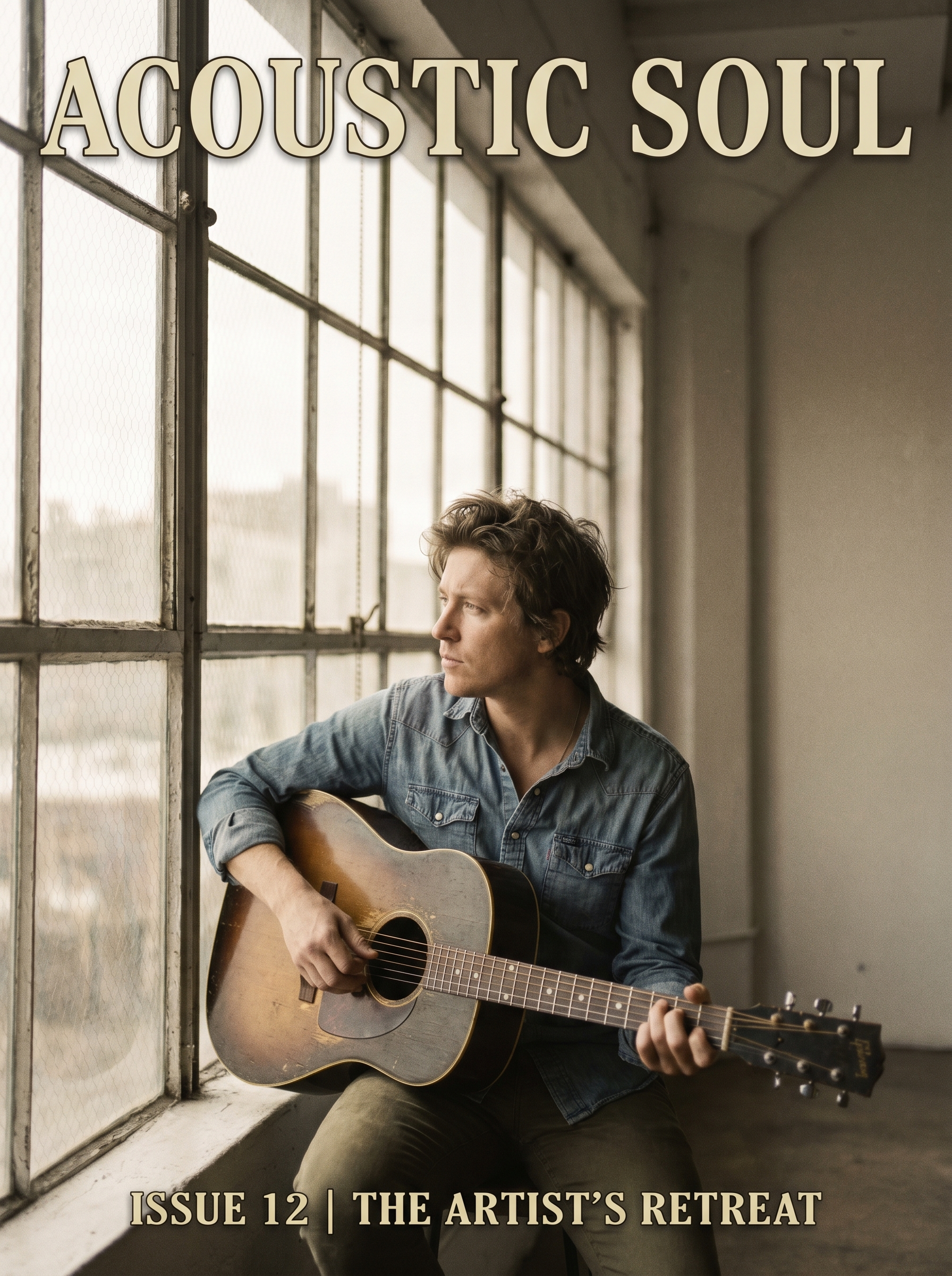 Editorial musician portrait with vintage film aesthetic, soft natural light, minimalist loft studio