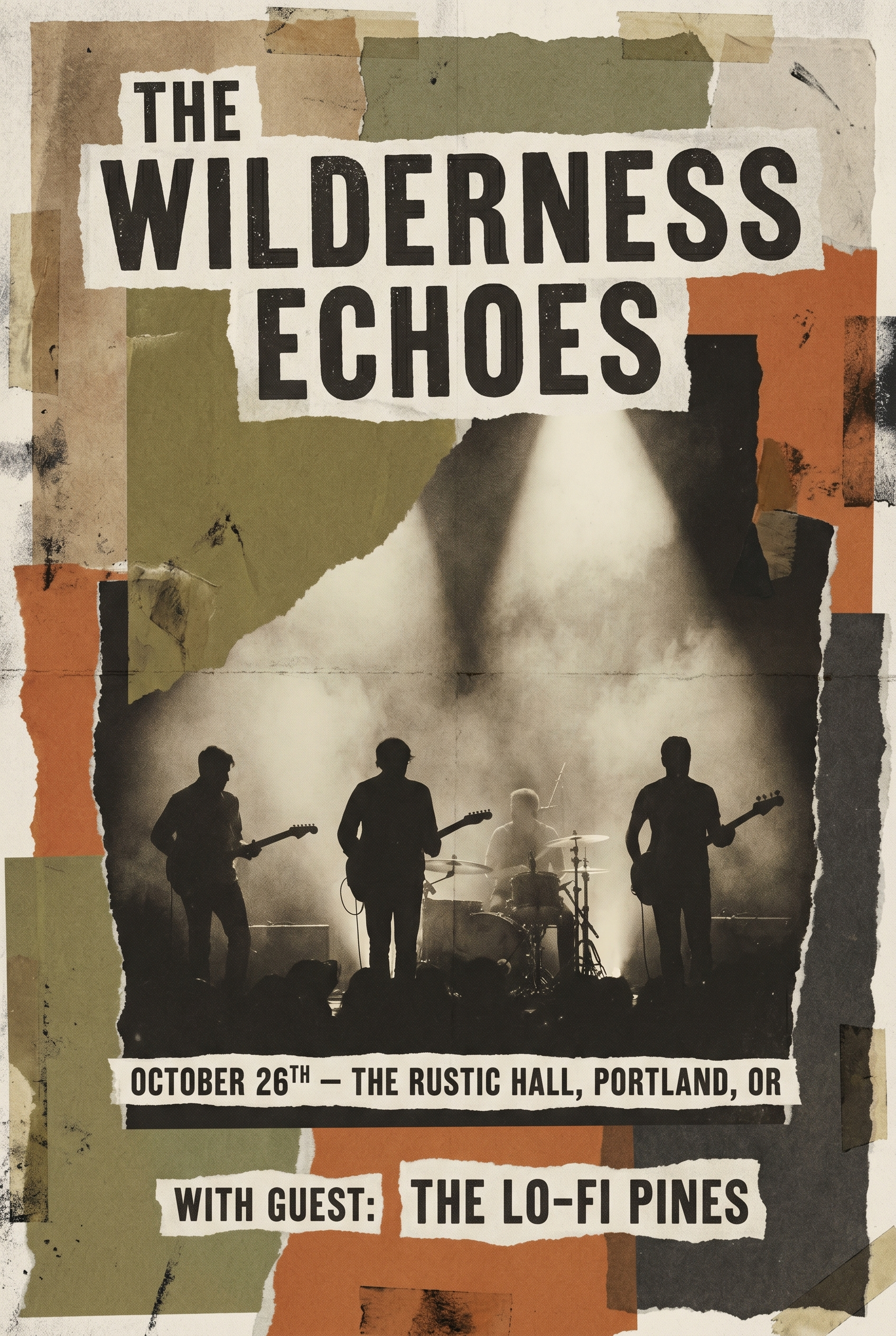 Indie rock concert poster with a vintage band silhouette in dramatic spotlight