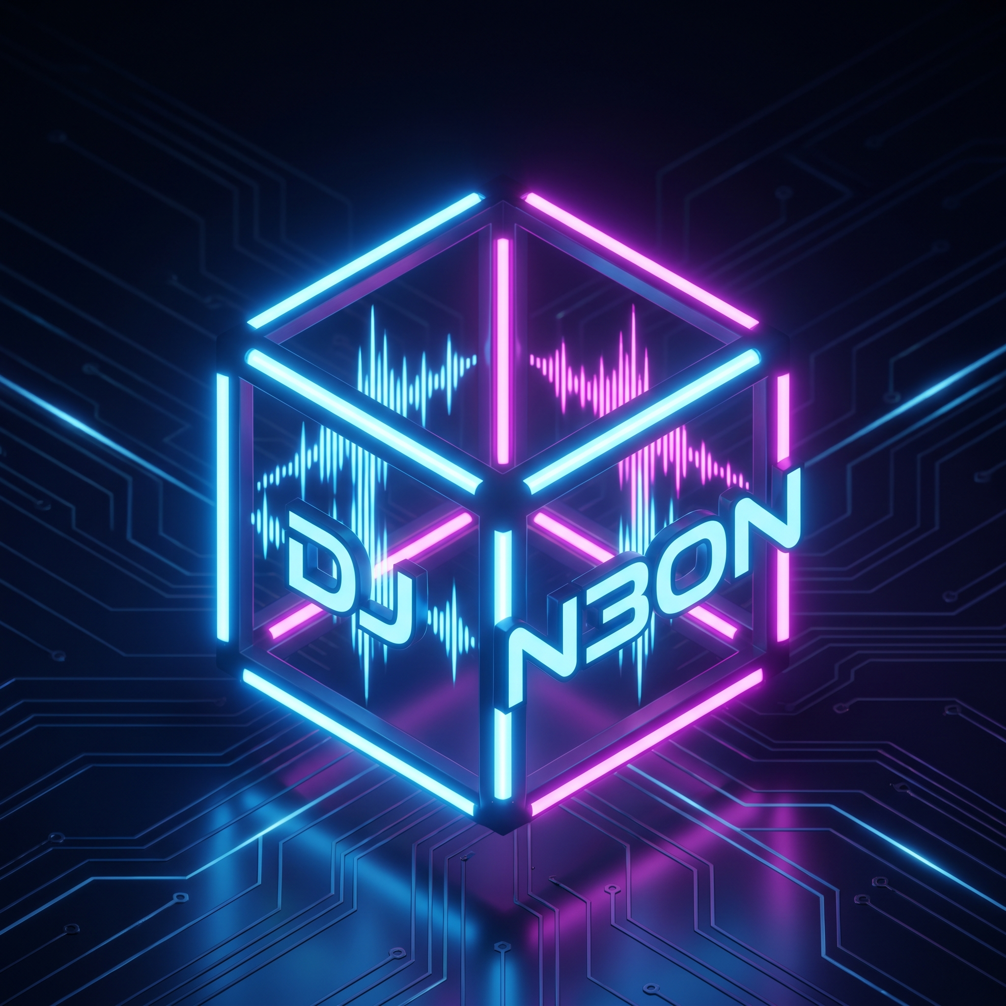 Modern DJ logo with a 3D isometric neon cube emblem and sound wave accents in electric blue and magenta