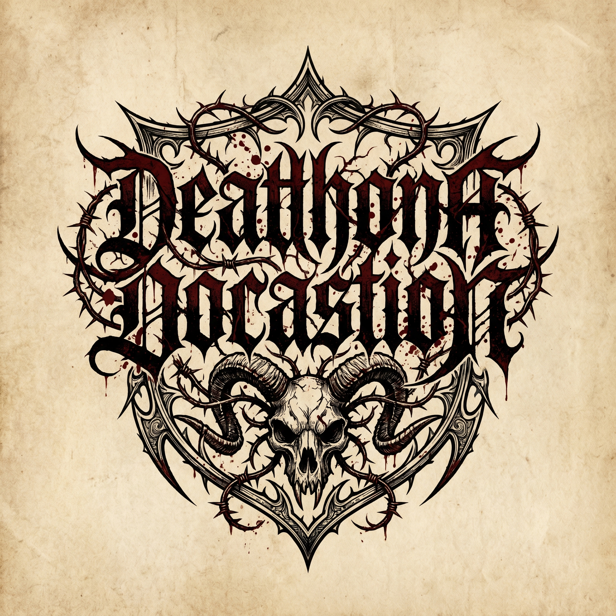 Death metal band logo with intricate gothic blackletter script entwined with thorns and barbed vines