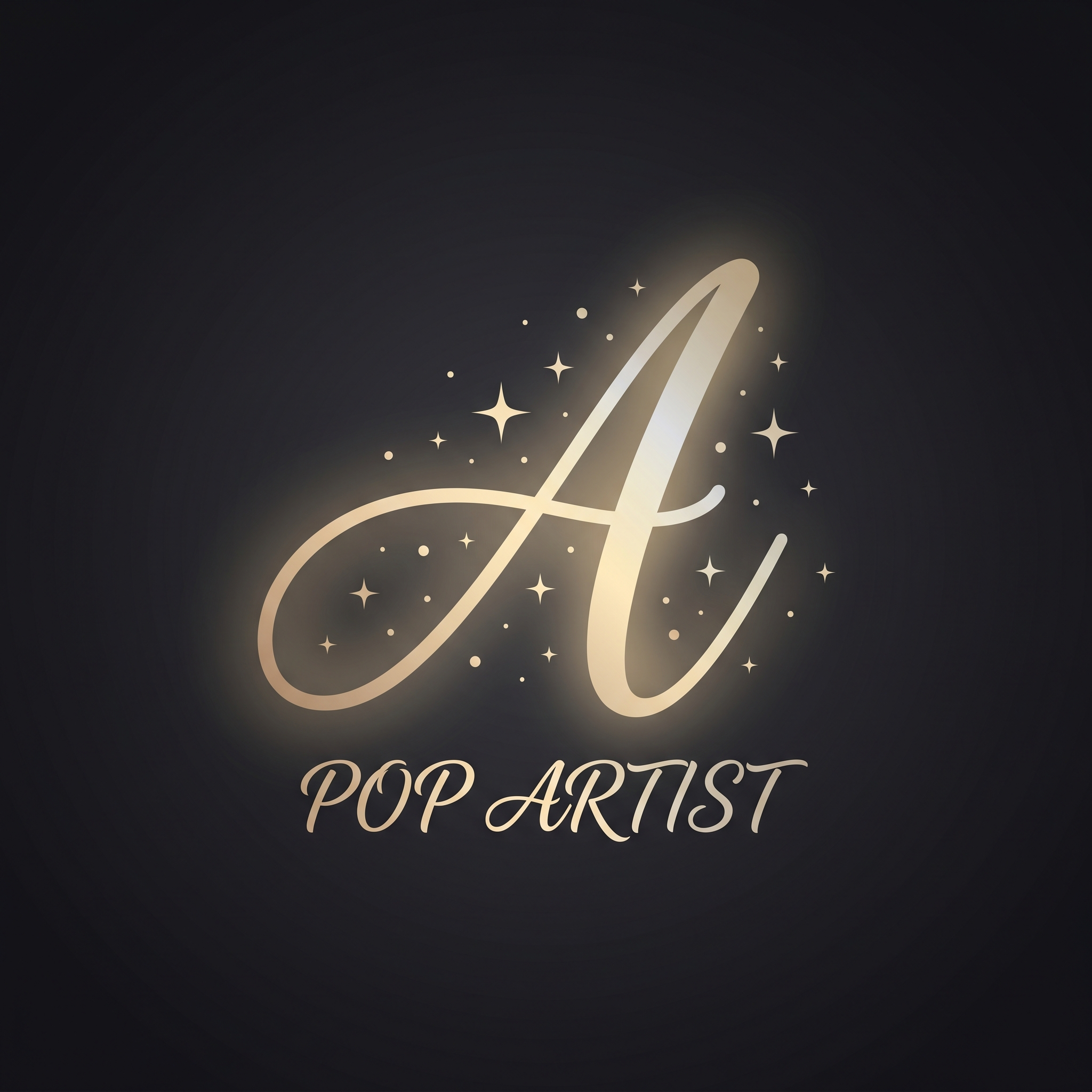 Pop artist logo with elegant flowing cursive lettering, sparkle stars, and champagne gold gradient