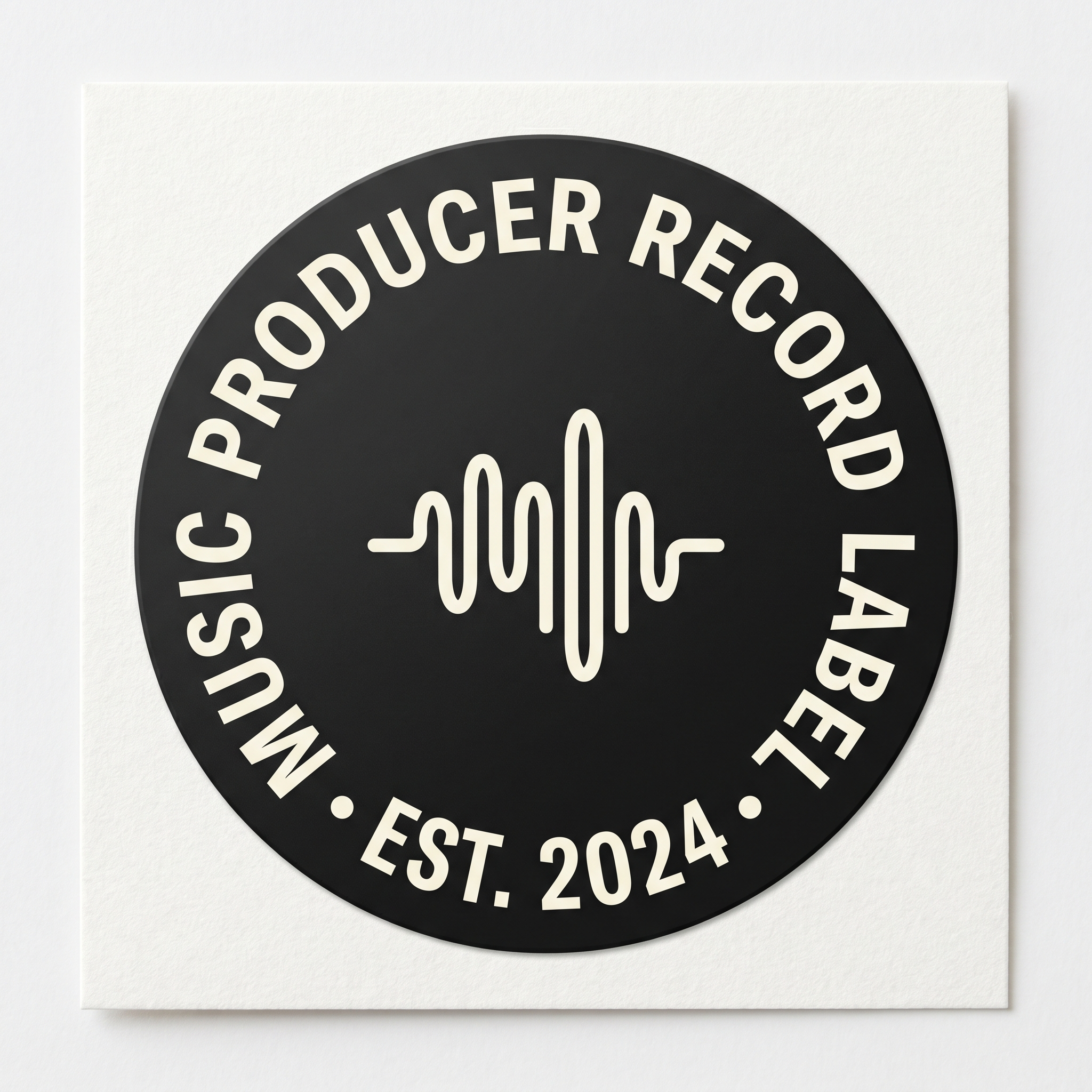 Music producer label logo showing a top-down vinyl record with bold modernist sans-serif lettering