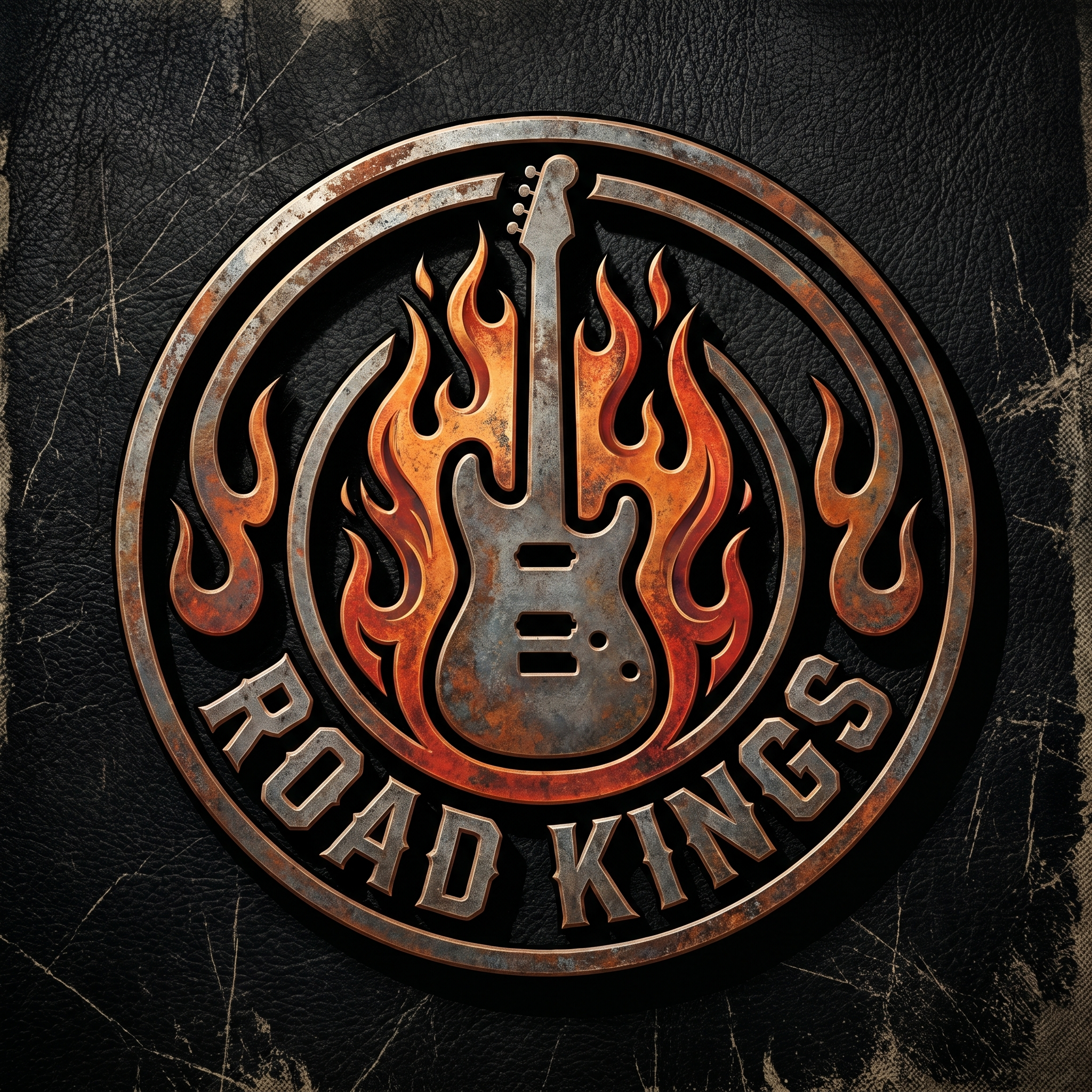 Classic rock band logo featuring a bold electric guitar silhouette wrapped in flames with distressed metal texture