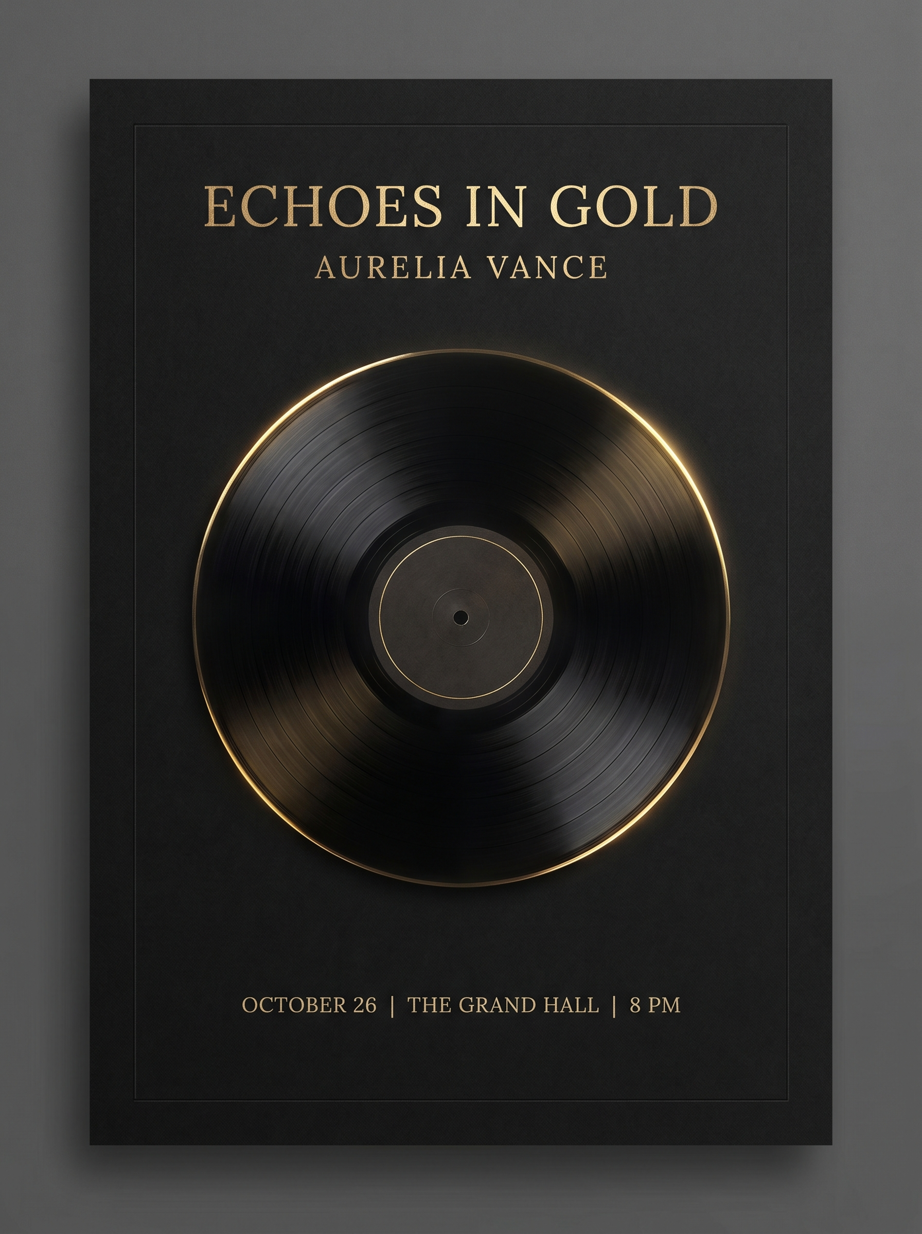 专辑发行派对海报：哑光黑底居中黑胶唱片，瑞士极简设计