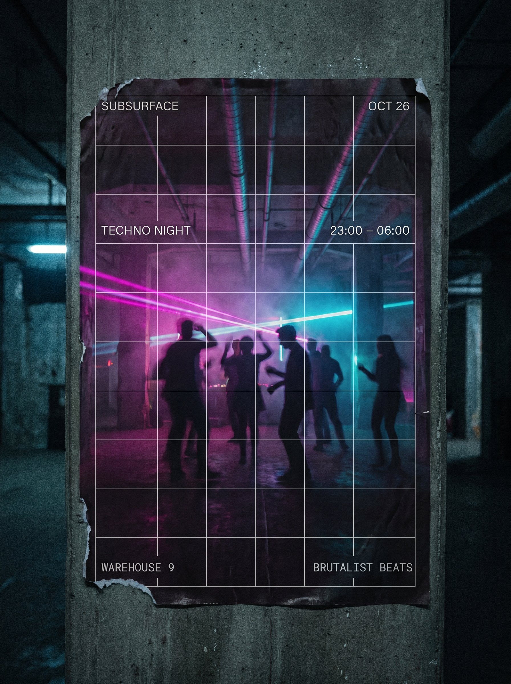 地下 Techno 夜店海报：霓虹灯下运动模糊的舞者，粗野派俱乐部美学