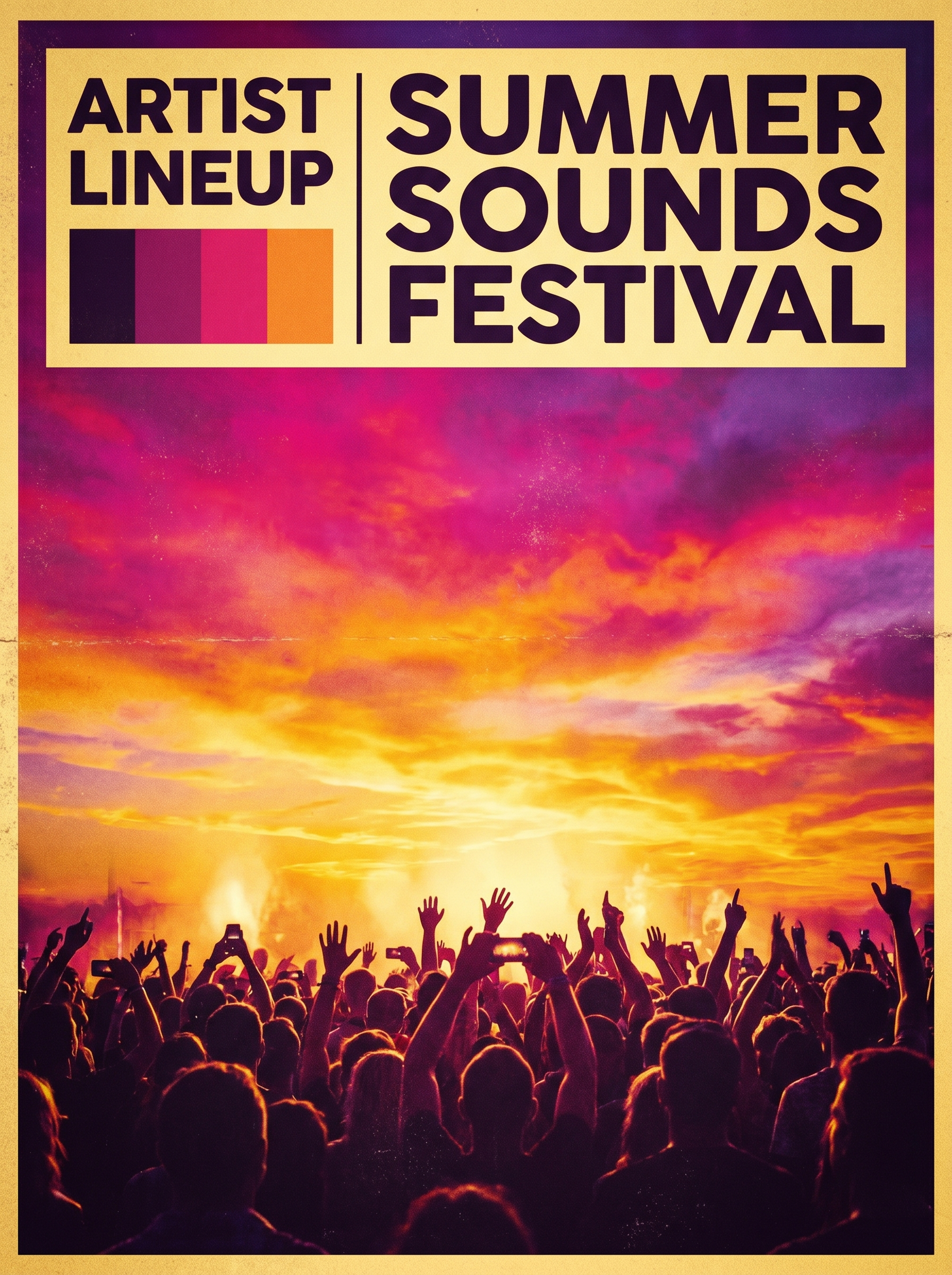夏日音乐节海报：夕阳下举手欢呼的人群剪影，顶部预留阵容位