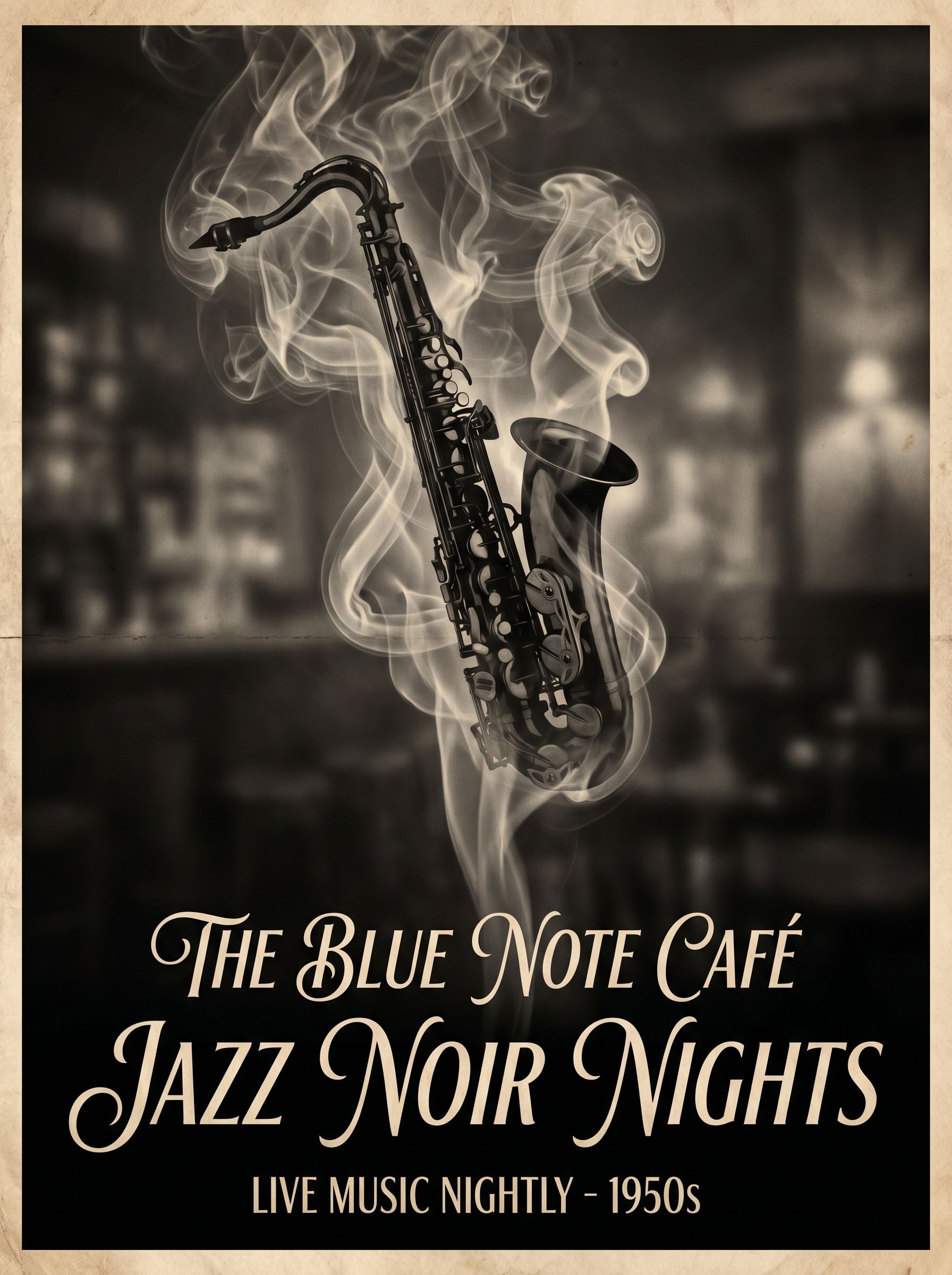 爵士小馆海报：香烟烟雾中浮现的萨克斯，50 年代黑色电影美学