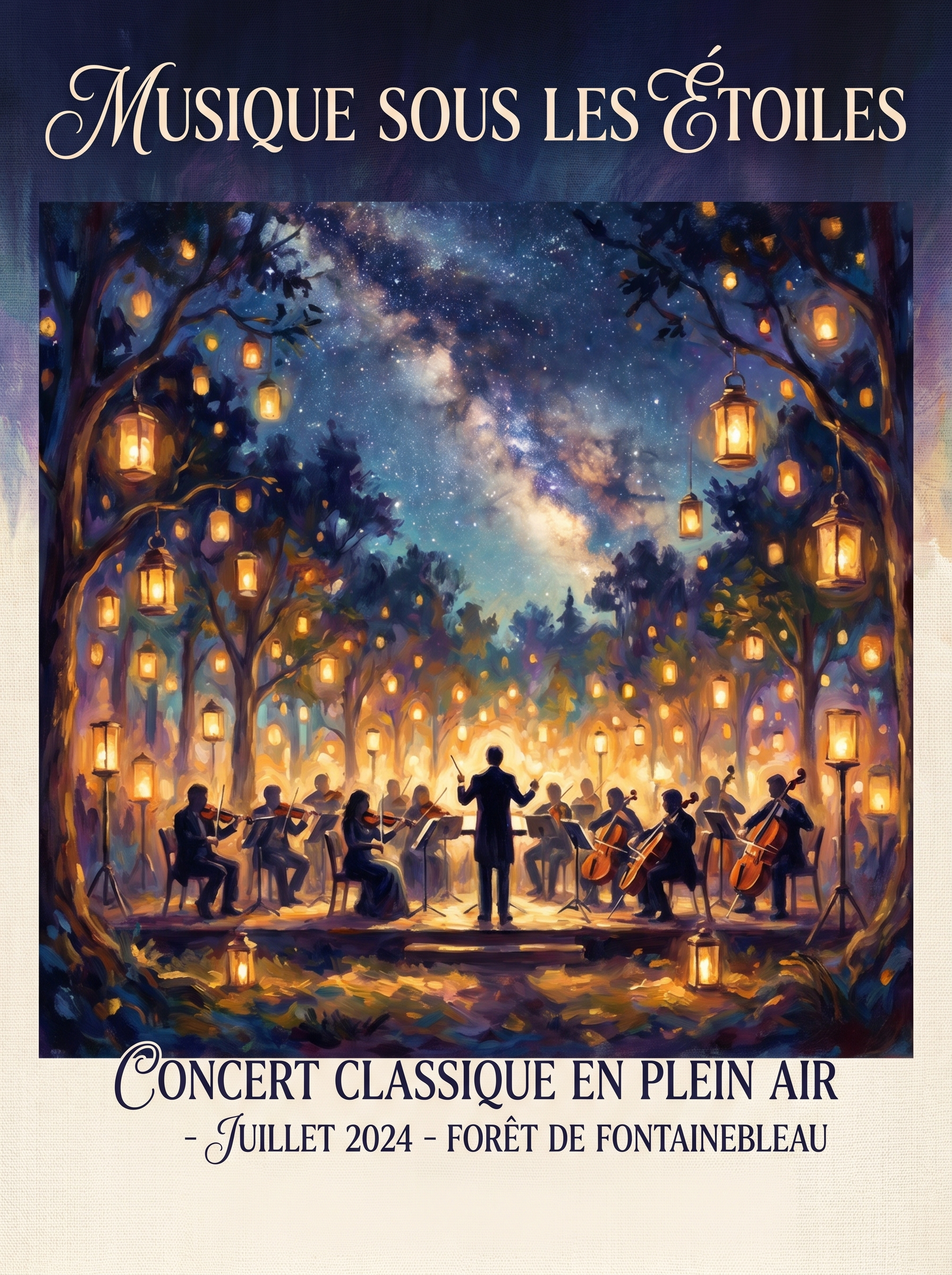 露天古典音乐会海报：星空下树林空地中的管弦乐队剪影