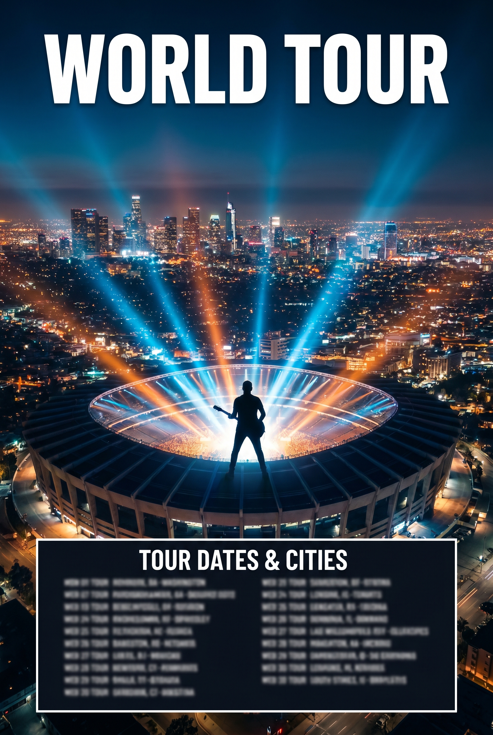 世界巡演海报：城市天际线前聚光灯下的音乐人剪影